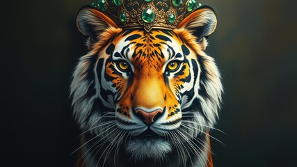 Close up portrait of a tiger wearing a crown with green jewels on a dark background looking forward
