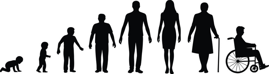 Human life evolution silhouettes—stages from crawling infant to elderly adult, wheelchair user, aging concept, and family development