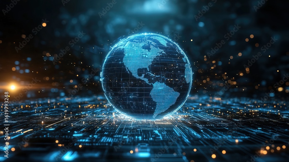 Poster futuristic digital world globe with technology circuit board connection abstract