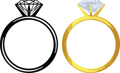 Jewelry ring vector illustration—monochrome diamond ring and gold wedding band set for branding, lifestyle, and e-commerce design use