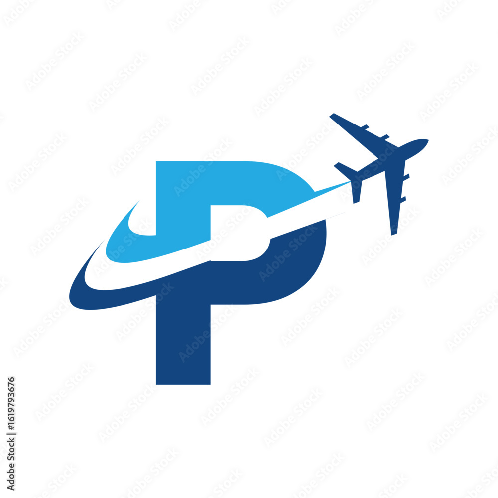 Aufkleber the image shows a flat logo design of an initial letter p in blue color with an airplane flying thro