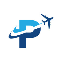 The image shows a flat logo design of an initial letter P in blue color with an airplane flying through it creating two swoosh lines. It looks clean and modern on a white background.