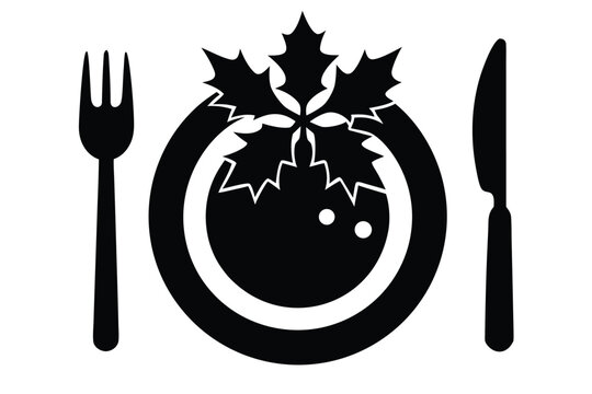 vector icon of a christmas dinner plate with cutle