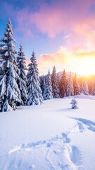 Snowy winter landscape at sunrise