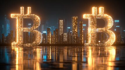 Glowing Bitcoin Crypto Coin in Futuristic Cityscape Crypto Currency Technology