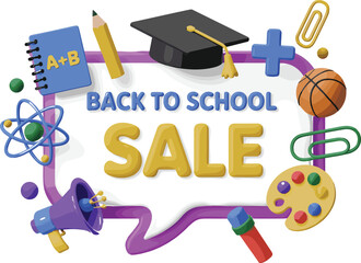 3D back to school sale banner with school supplies, speech bubble, colorful icons, and purple background for seasonal promotion.