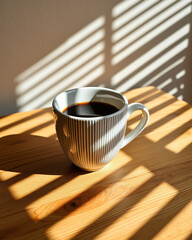 Morning Coffee in Striped Mug with Soft Shadow Patterns on Wooden Table