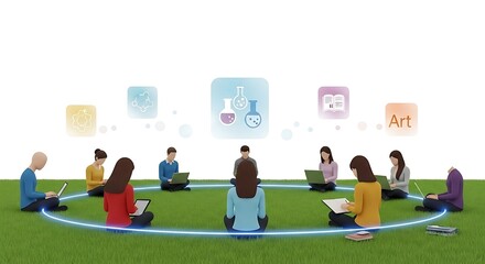 Fototapeta premium Collaborative Online Learning: Diverse Students Connected in a Virtual Circle on Green Grass