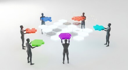 Fototapeta premium Collaborative Puzzle Solution: Hexagonal Platform, Diverse Team, 3D Render