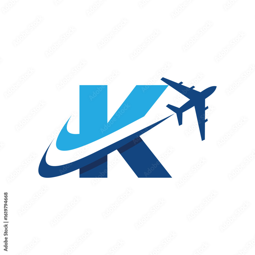 Aufkleber the image shows a flat logo design of an initial letter k in blue color with an airplane flying thro