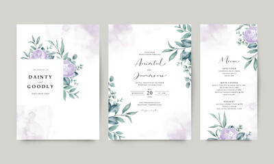 Beautiful wedding invitation card template set with watercolor purple florals