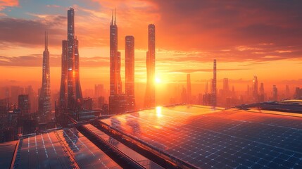 Futuristic Metropolis Skyline Sunset with Solar Panel Energy Generation View