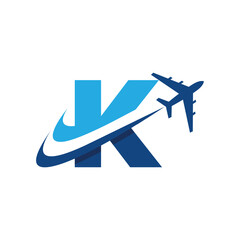 The image shows a flat logo design of an initial letter K in blue color with an airplane flying through it creating two swoosh lines. It looks clean and modern on a white background.