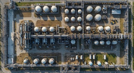 Aerial view of a large industrial refinery complex with storage tanks, pipelines, and processing units, showcasing intricate infrastructure and energy production facilities.

