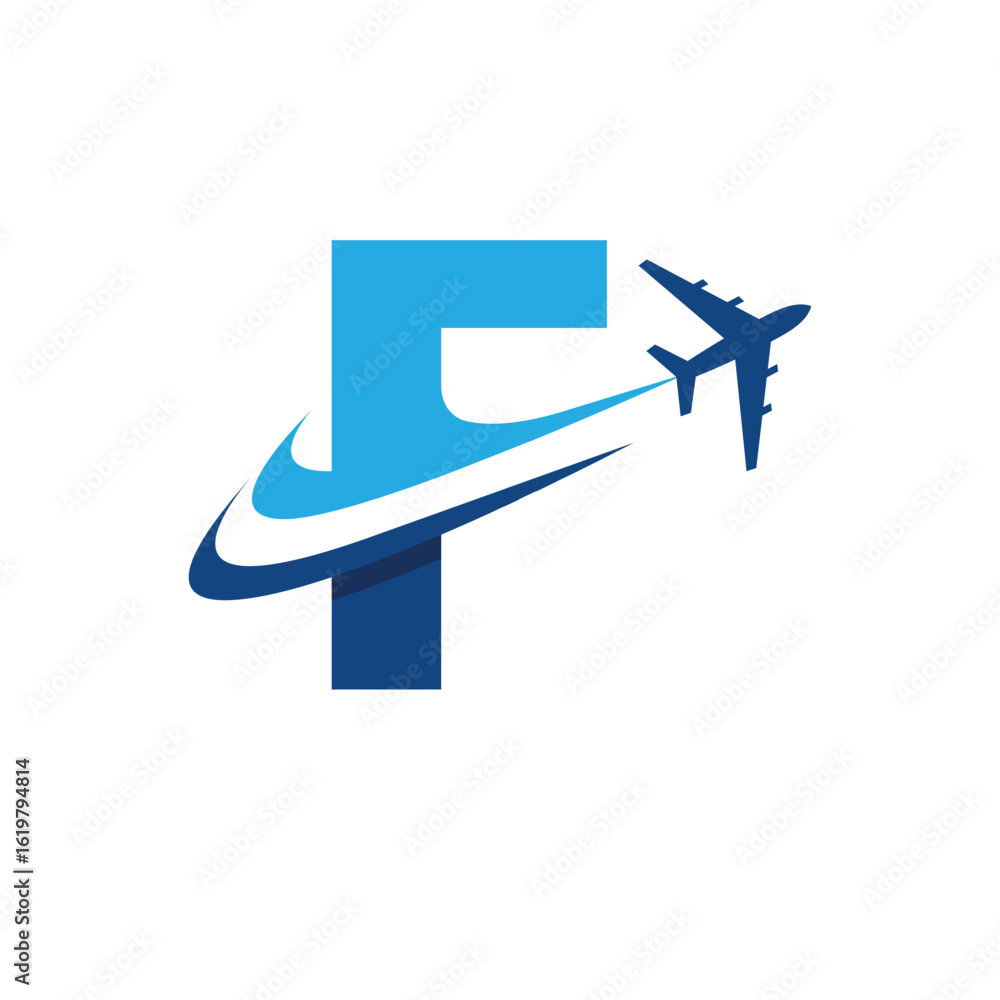 Poster the image shows a flat logo design of an initial letter f in blue color with an airplane flying thro