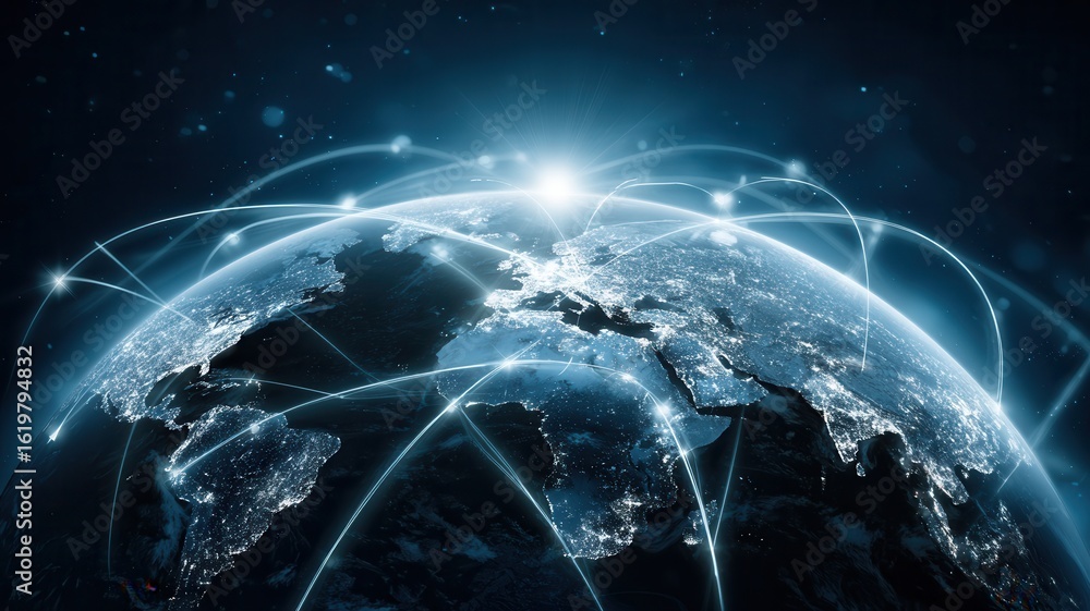 Poster luminous lines are connecting different parts of europe at night, symbolizing data exchange and glob