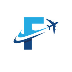 The image shows a flat logo design of an initial letter F in blue color with an airplane flying through it creating two swoosh lines. It looks clean and modern on a white background.