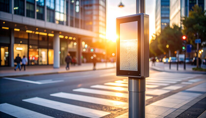 A modern city street scene featuring a digital advertising display on a pole, with pedestrians crossing on a zebra crossing and tall buildings in the backgro...