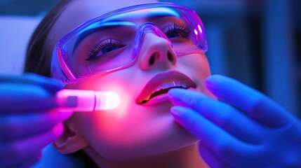 Futuristic Woman Receiving Laser Lip Treatment with Protective Eyewear