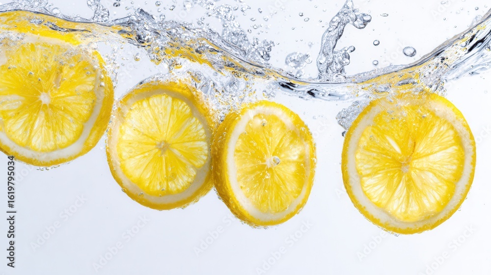 Poster citrus slices suspended in fizzing water, generating effervescent drink with vivid orange hues and c