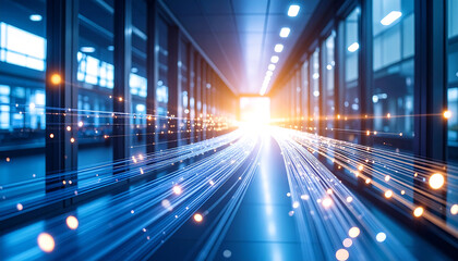 Data streams flow through a futuristic, glass-walled corridor towards a bright light source.