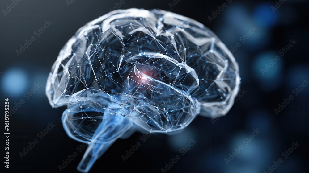 Poster polygonal brain glowing on dark background, symbolizing artificial intelligence, deep learning and n
