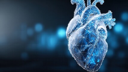 Spinning low poly heart glowing blue, rotating against dark backdrop with luminous edges and soft bokeh blur