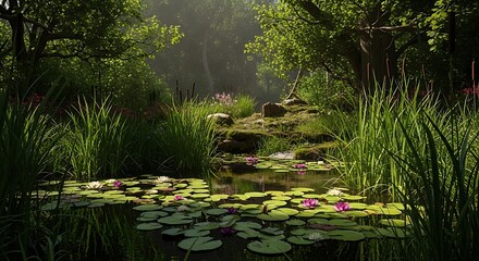 Tranquil forest pond with blooming water lilies and lush green foliage