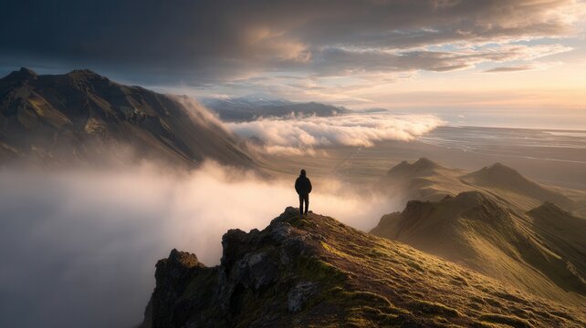 Hiker admiring a geothermal area with fumaroles and colorful rhyolite mountains at sunset, a breathtaking icelandic landscape