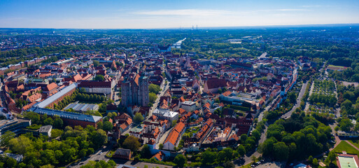  Aerial panoramic view around the old town of the city Ingolstadt  in Germany on a sunny spring day