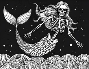 Skeleton mermaid in starry night