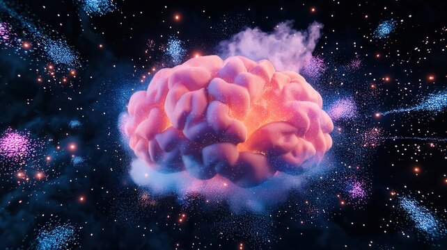Colorful and dreamy abstract image of a human brain floating amidst glitter, soft clouds, and vibrant colors, suggesting creativity, imagination, and mental processes - Powered by Adobe