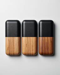 Stylish wooden and leather cases arranged on white background for modern design enthusiasts