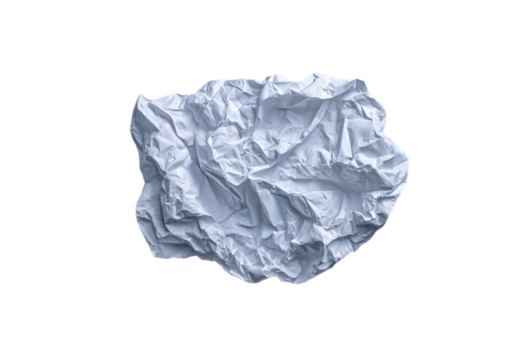 PNG white crumpled paper ball with wrinkled texture. Blank trash sheet, isolated waste object, torn tissue for background or abstract design theme