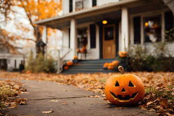 Halloween pumpkin jack o' lantern in front yard, copyspace, home decor, exterior seasonal decorations