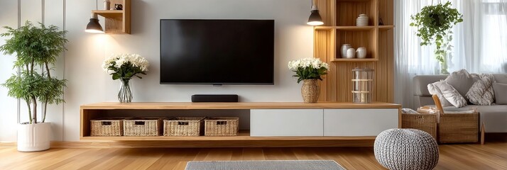 Contemporary Living Room Interior Staging with TV Cabinet, Wicker Baskets, and Elegant Sofa Set