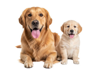 Adult and puppy golden retrievers with lustrous golden coats and happy 'smiles', pink tongues out, seated side by side on a transparent studio background, captured with bright, no-shadow, high-angle