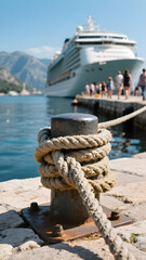 Close-up of weathered mooring rope on bollard with blurred cruise ship and harbor background.