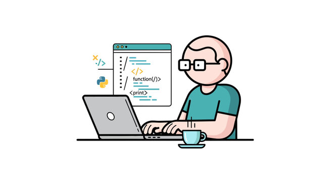 Coding Professional Developer at Work on Laptop with Code, Coffee, and Python