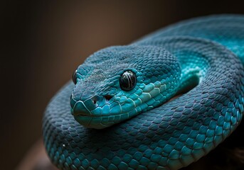 Close-up of a vibrant blue viper snake coiled and resting, showcasing its detailed scales and piercing eyes in a dark natural setting.