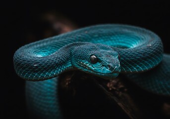 Close-up of a vibrant blue viper snake coiled and resting, showcasing its detailed scales and piercing eyes in a dark natural setting.