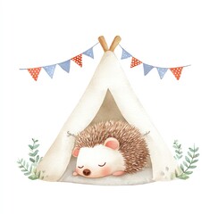 Sleeping Hedgehog in Teepee with Bunting