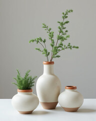 Elegant Ceramic Vases with Greenery on Minimalist White Background for Home Decor