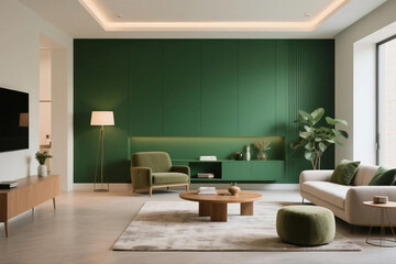 Fototapeta premium Modern living space with emerald green accent wall, featuring stylish and cozy furniture.