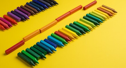 Colorful wax crayons arranged neatly on a bright yellow background, vibrant and playful composition for education, creativity, art, or back-to-school themes.