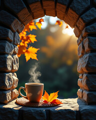 Serene Autumn Scene with Steaming Coffee Cup and Colorful Leaves at Sunrise