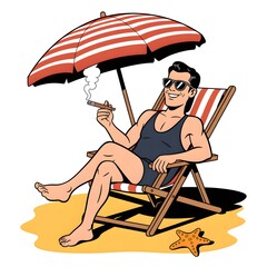 A retro cartoon illustration of a smiling man in sunglasses relaxing on a beach chair under an umbrella, smoking a cigar on a summer day.