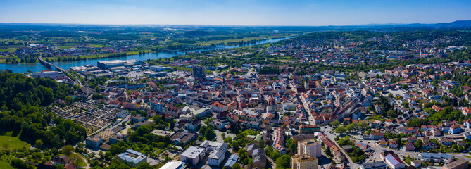  Aerial panoramic view around the old town of the city Deggendorf  in Germany on a sunny spring day