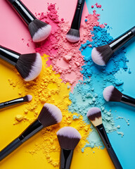 Vibrant Makeup Brushes with Colorful Powder on Bright Backgrounds for Beauty Designs