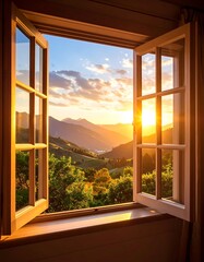 Naklejka premium Open window, sunset view of mountains